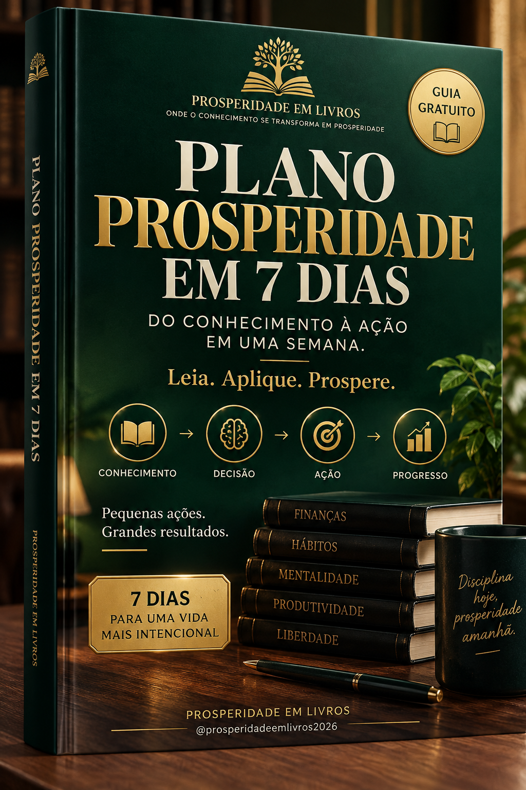 Mockup 3D do Plano Prosperidade em 7 Dias, com capa verde e dourada e a frase Leia. Aplique. Prospere.